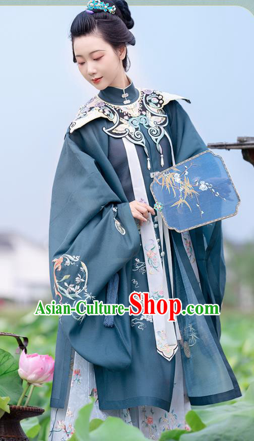 Chinese Ancient Patrician Woman Embroidered Navy Gown and Skirt Traditional Hanfu Dress Ming Dynasty Historical Costumes