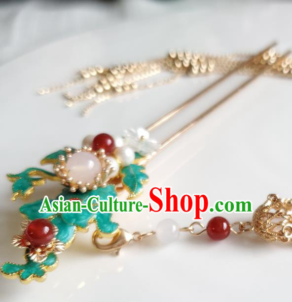 Chinese Ancient Princess Pearls Blueing Hair Stick Hair Accessories Handmade Ming Dynasty Hanfu Golden Tassel Hairpins