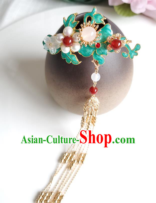 Chinese Ancient Princess Blueing Jasminum Hair Stick Hair Accessories Handmade Ming Dynasty Hanfu Golden Tassel Pearls Hairpins