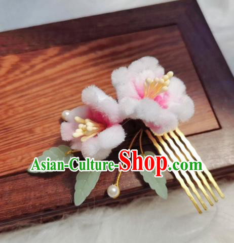 Chinese Ancient Qing Dynasty Pink Peach Blossom Hair Comb Handmade Hair Accessories Hanfu Princess Velvet Flowers Hairpins