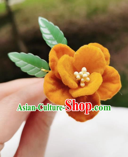 Chinese Qing Dynasty Ginger Velvet Camellia Hair Stick Handmade Hair Accessories Hanfu Ancient Princess Flowers Hairpins