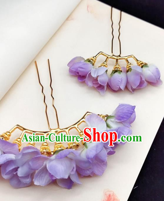 Chinese Ming Dynasty Princess Purple Silk Flowers Hair Stick Handmade Hair Accessories Hanfu Ancient Palace Lady Hairpins