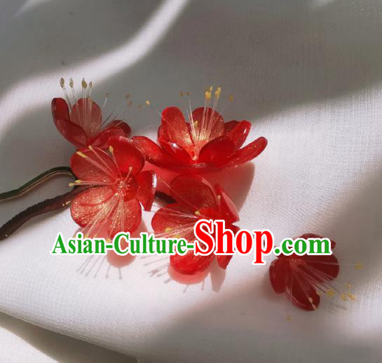 Chinese Classical Plum Blossom Hair Stick Handmade Hanfu Hair Accessories Ancient Song Dynasty Court Lady Red Flowers Hairpins