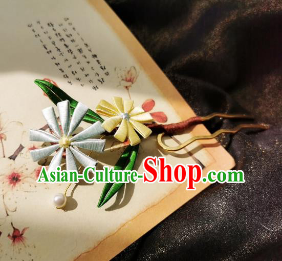 Chinese Song Dynasty Palace Lady Silk Daisy Hair Stick Handmade Hair Accessories Hanfu Ancient Princess Hairpins