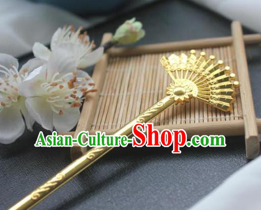 Chinese Classical Fan Hair Stick Handmade Hanfu Hair Accessories Ancient Song Dynasty Palace Golden Hairpins