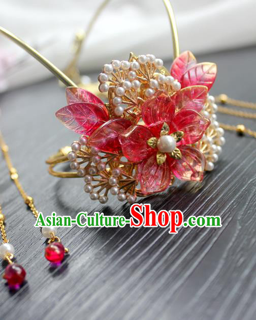 Chinese Classical Golden Pine Hair Crown Handmade Hanfu Hair Accessories Ancient Ming Dynasty Peach Blossom Tassel Hairpins