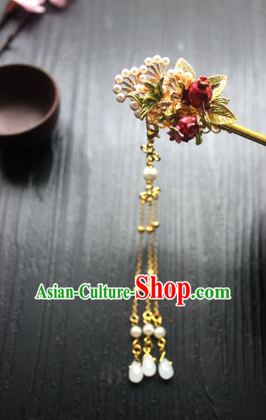 Chinese Classical Golden Leaf Hair Stick Handmade Hanfu Hair Accessories Ancient Ming Dynasty Pomegranate Hairpins