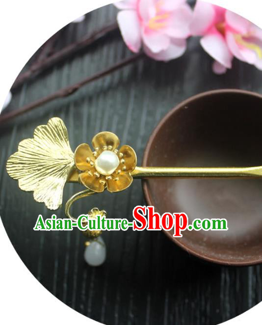 Chinese Classical Ginkgo Leaf Hair Stick Handmade Hanfu Hair Accessories Ancient Jin Dynasty Court Golden Plum Hairpins