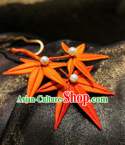 Chinese Classical Red Silk Maple Leaf Hair Stick Handmade Hanfu Hair Accessories Ancient Song Dynasty Court Hairpins