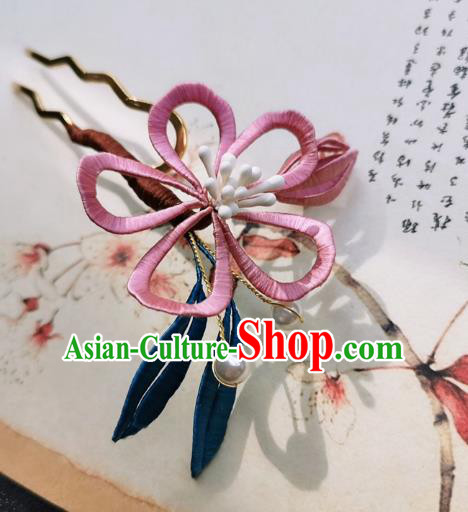 Chinese Classical Pink Silk Flower Hair Stick Handmade Hanfu Hair Accessories Ancient Song Dynasty Court Peach Blossom Hairpins