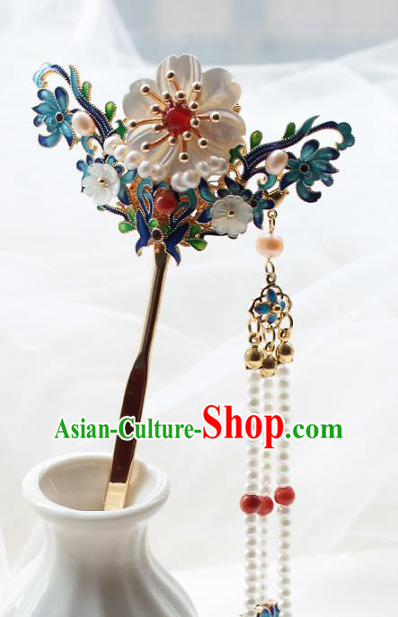 Chinese Classical Court Pearls Tassel Hair Stick Handmade Hanfu Hair Accessories Ancient Ming Dynasty Empress Blueing Hairpins