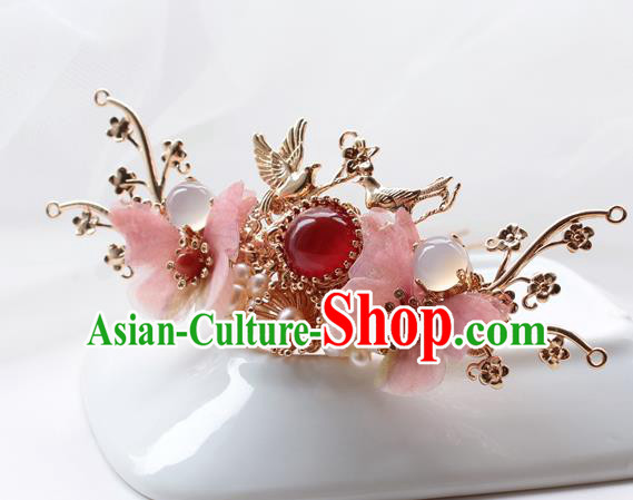 Chinese Classical Pink Silk Butterfly Hair Crown Handmade Hanfu Hair Accessories Ancient Ming Dynasty Princess Golden Plum Bird Hairpins