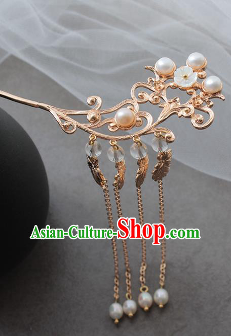 Chinese Classical Pearls Tassel Hair Stick Handmade Hanfu Hair Accessories Ancient Ming Dynasty Princess Golden Hairpins