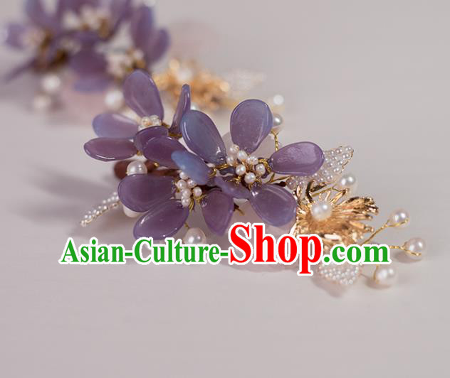 Chinese Classical Court Purple Flowers Hair Sticks Handmade Hanfu Hair Accessories Ancient Song Dynasty Princess Pearls Hairpins