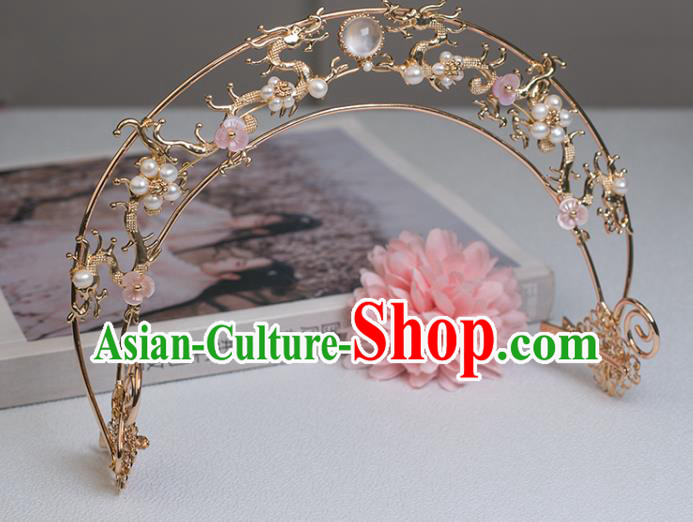 Chinese Classical Court Golden Dragon Hair Crown Handmade Hanfu Hair Accessories Ancient Song Dynasty Princess Pearls Hairpins