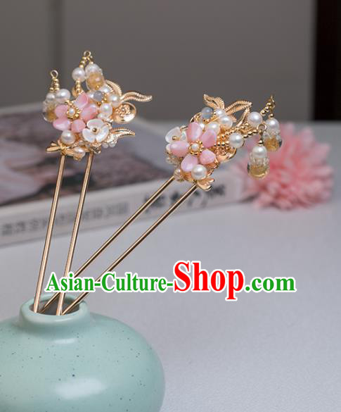 Chinese Classical Court Pink Plum Hair Stick Handmade Hanfu Hair Accessories Ancient Song Dynasty Princess Pearls Golden Hairpins