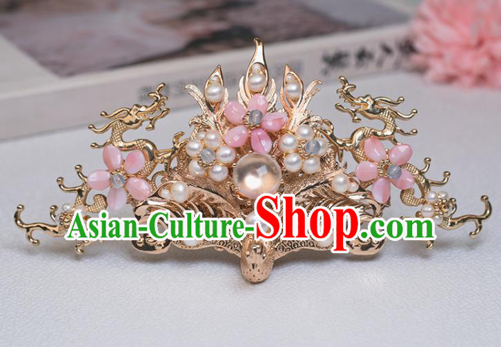 Chinese Classical Court Pearls Hair Crown Handmade Hanfu Hair Accessories Ancient Song Dynasty Princess Pearls Golden Phoenix Hairpins