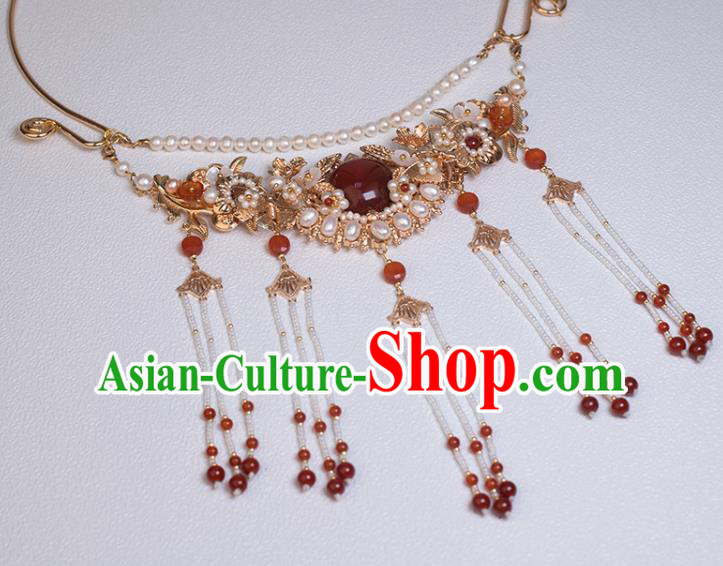 Chinese Handmade Agate Necklet Classical Jewelry Accessories Ancient Ming Dynasty Princess Hanfu Pearls Tassel Necklace for Women