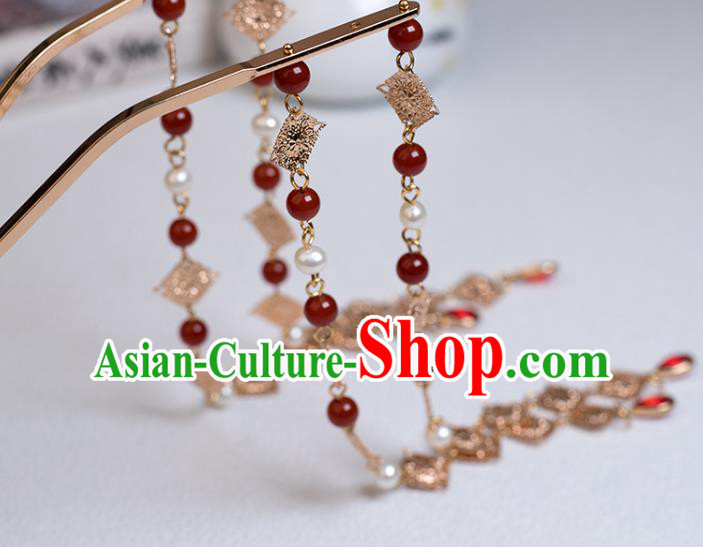 Chinese Classical Court Agate Beads Tassel Hair Stick Handmade Hanfu Hair Accessories Ancient Ming Dynasty Empress Golden Hairpins