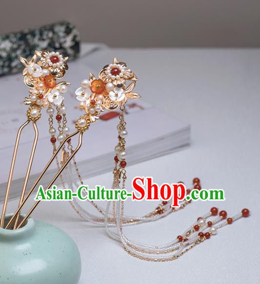 Chinese Classical Court Beads Tassel Hair Stick Handmade Hanfu Hair Accessories Ancient Ming Dynasty Empress Golden Pearls Hairpins