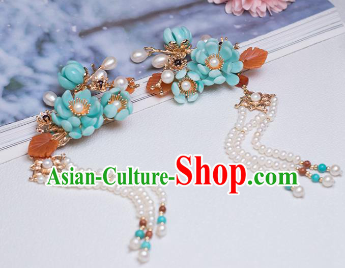 Chinese Classical Court Blue Flower Hair Sticks Handmade Hanfu Hair Accessories Ancient Ming Dynasty Empress Pearls Tassel Hairpins