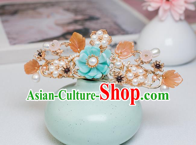 Chinese Classical Court Blue Flower Hair Comb Handmade Hanfu Hair Accessories Ancient Ming Dynasty Empress Pearls Hairpins Hair Crown