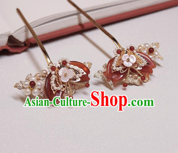 Chinese Classical Court Agate Butterfly Hair Stick Handmade Hanfu Hair Accessories Ancient Ming Dynasty Princess Pearls Hairpins