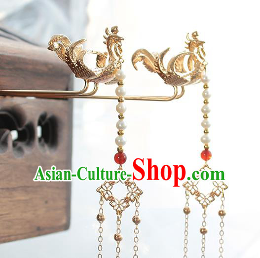 Chinese Classical Golden Phoenix Tassel Hair Stick Handmade Hanfu Hair Accessories Ancient Ming Dynasty Empress Hairpins