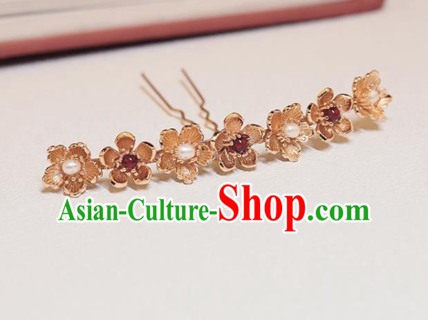 Chinese Classical Court Pearls Hair Stick Handmade Hanfu Hair Accessories Ancient Ming Dynasty Princess Golden Plum Blossom Hairpins