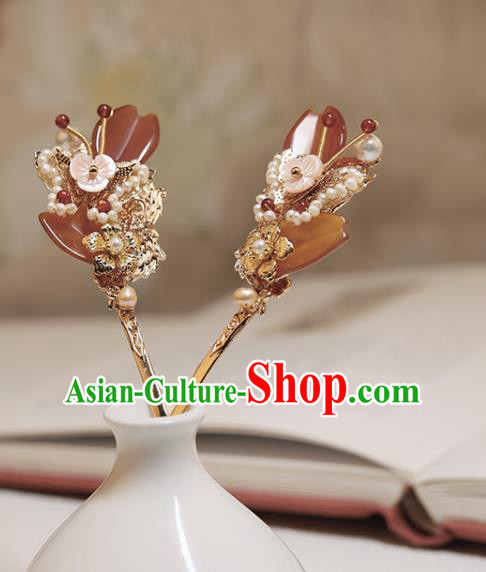 Chinese Classical Court Pearls Butterfly Hair Stick Handmade Hanfu Hair Accessories Ancient Ming Dynasty Princess Agate Hairpins