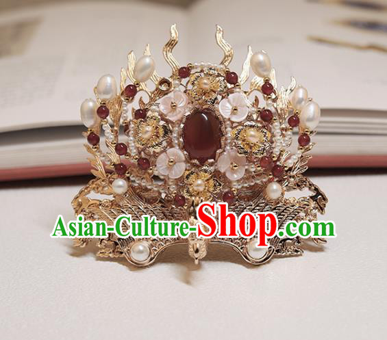 Chinese Classical Court Golden Phoenix Hair Crown Handmade Hanfu Hair Accessories Ancient Ming Dynasty Princess Agate Pearls Hairpins