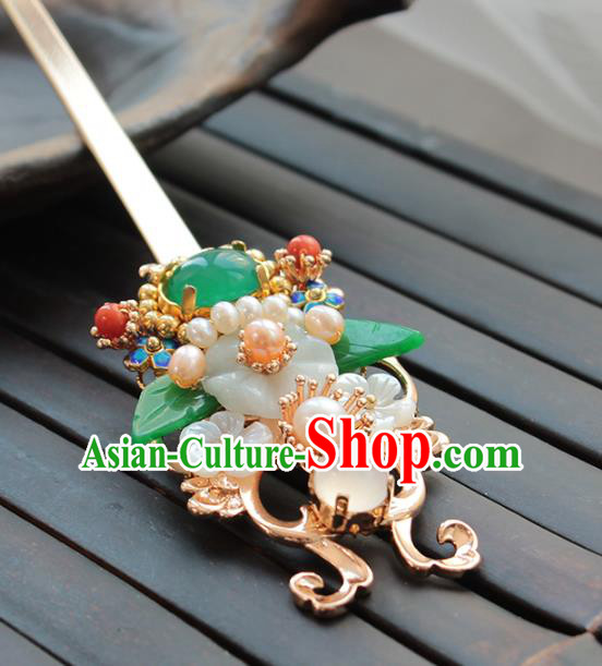 Chinese Classical Jade Plum Hair Stick Handmade Hanfu Hair Accessories Ancient Ming Dynasty Empress Pearls Golden Hairpins