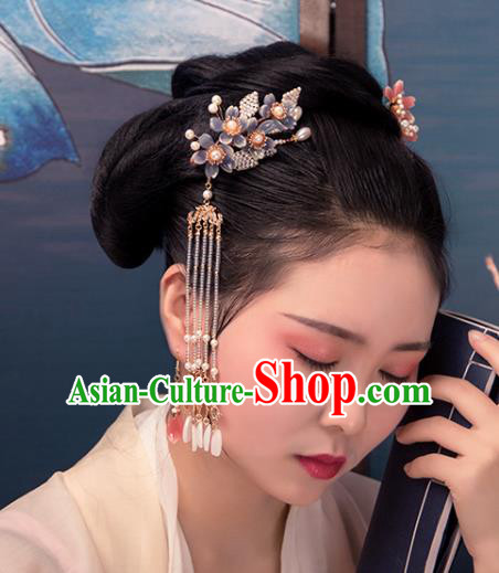 Chinese Classical Court Purple Sakura Hair Sticks Handmade Hanfu Hair Accessories Ancient Ming Dynasty Princess Pearls Hairpins