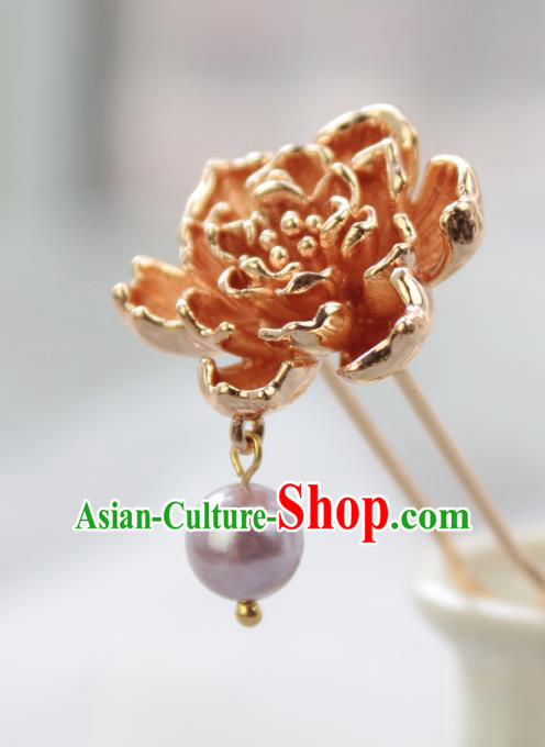 Chinese Classical Golden Peony Hair Stick Handmade Hanfu Hair Accessories Ancient Ming Dynasty Young Lady Hairpins