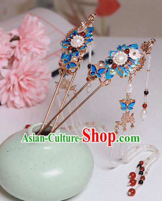 Chinese Classical Court Blueing Lotus Hair Stick Handmade Hanfu Hair Accessories Ancient Ming Dynasty Empress Pearls Tassel Hairpins