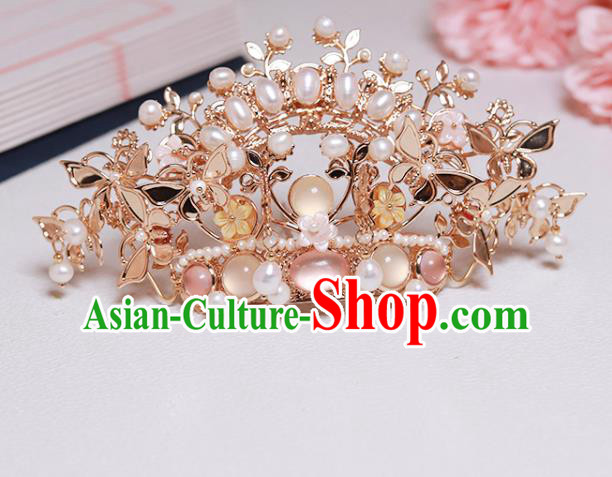 Chinese Classical Court Golden Butterfly Hair Crown Handmade Hanfu Hair Accessories Ancient Ming Dynasty Empress Pearls Chalcedony Hairpins