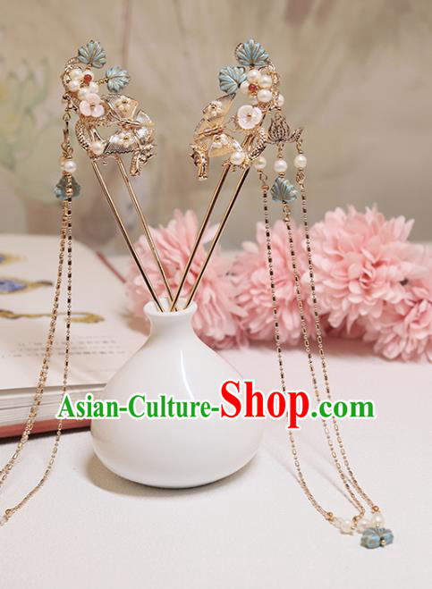 Chinese Classical Court Golden Lotus Hair Stick Handmade Hanfu Hair Accessories Ancient Ming Dynasty Princess Blue Leaf Pearls Hairpins