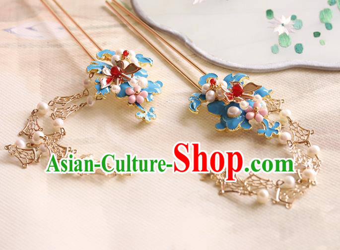 Chinese Classical Court Queen Blueing Pearls Hair Stick Handmade Hanfu Hair Accessories Ancient Ming Dynasty Empress Tassel Hairpins