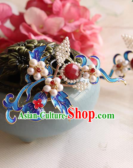 Chinese Classical Court Queen Pearls Hair Stick Handmade Hanfu Hair Accessories Ancient Ming Dynasty Empress Blueing Hairpins