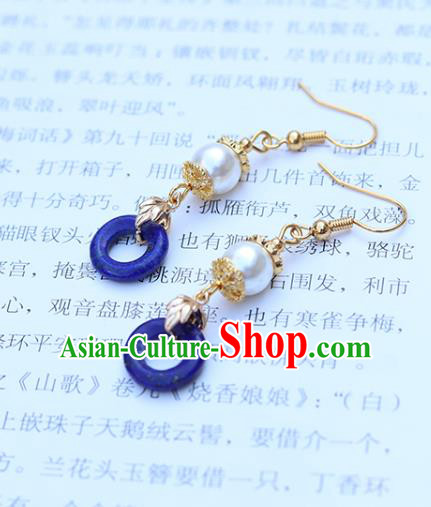 Chinese Handmade Blue Earrings Classical Ear Accessories Hanfu Ming Dynasty Princess Eardrop