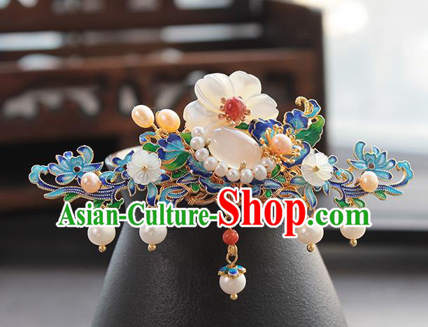 Chinese Classical Blueing Flowers Hair Crown Handmade Hanfu Hair Accessories Ancient Ming Dynasty Empress Pearls Hairpins