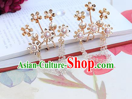 Chinese Classical Palace Beads Tassel Hair Stick Handmade Hanfu Hair Accessories Ancient Ming Dynasty Princess Golden Plum Hairpins