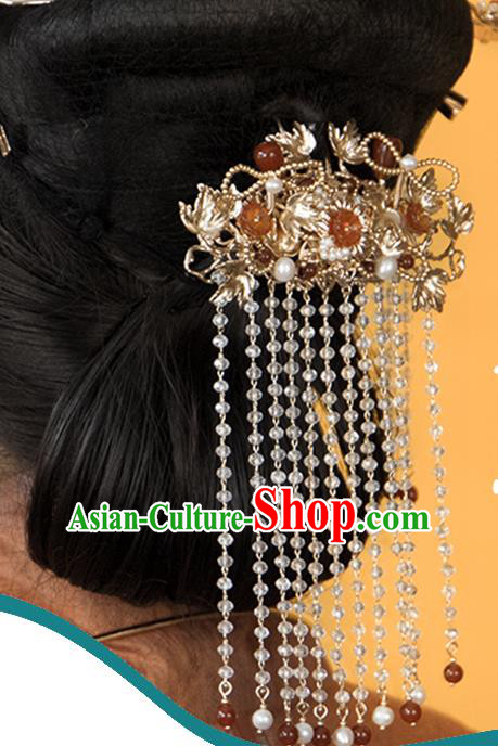 Chinese Classical Palace Beads Tassel Hair Stick Handmade Hanfu Hair Accessories Ancient Ming Dynasty Princess Golden Lotus Hairpins