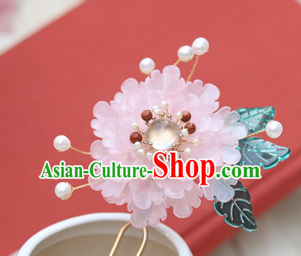 Chinese Classical Palace Pink Peony Hair Stick Handmade Hanfu Hair Accessories Ancient Ming Dynasty Princess Chalcedony Hairpins