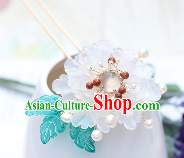 Chinese Classical Palace White Peony Hair Stick Handmade Hanfu Hair Accessories Ancient Ming Dynasty Princess Chalcedony Hairpins