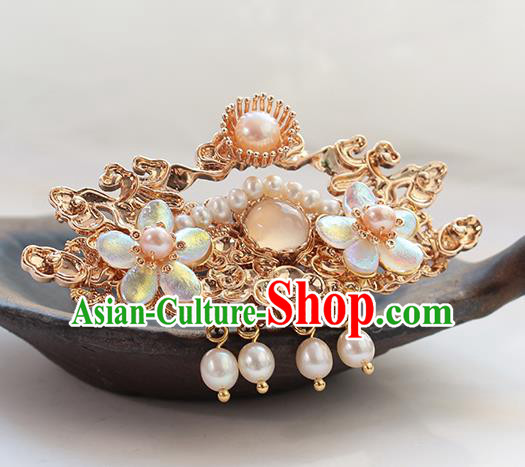 Chinese Classical Golden Hair Crown Handmade Hanfu Hair Accessories Ancient Ming Dynasty Empress Pearls Cloud Hairpins