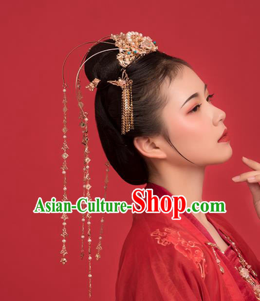 Chinese Classical Palace Pearls Golden Tassel Hair Crown Handmade Hanfu Hair Accessories Ancient Ming Dynasty Empress Pink Chalcedony Hairpins