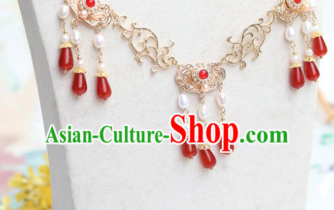 Chinese Handmade Red Agate Tassel Necklet Classical Jewelry Accessories Ancient Ming Dynasty Princess Hanfu Golden Necklace for Women