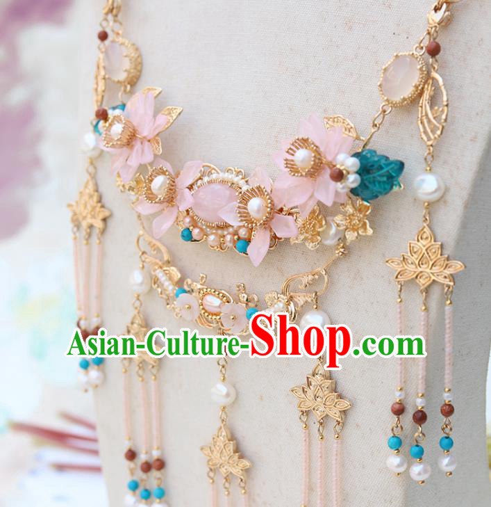 Chinese Handmade Golden Lotus Tassel Necklet Classical Jewelry Accessories Ancient Ming Dynasty Princess Hanfu Pink Flowers Necklace for Women