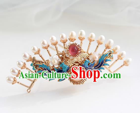 Chinese Classical Blueing Phoenix Hair Crown Handmade Hanfu Hair Accessories Ancient Ming Dynasty Empress Pearls Golden Hairpins